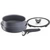 Lagostina Ingenio Mineralis Set di Pentole e Padelle Antiaderenti in Alluminio per Induzione, Gas e Forno, 5 Pezzi, Batteria con 2 Padelle, Tegame, Coperchio in Vetro, Manico Amovibile