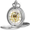 TREEWETO Orologio da taschino classico, liscio, doppia cassa, meccanico, steampunk, numeri romani, orologio da taschino, per uomo e donna, con catena + confezione regalo, Argento, Classico