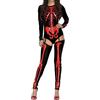 FeMereina Costume da donna scheletro di Halloween tuta tuta aderente manica lunga skinny tuta tuta costume per festa, Nero e rosso, Taglia unica