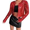 Generic Giacca Corta da Donna con Paillettes sul Davanti Senza Colletto Glitterato Giubbotto Donna Invernale chiodo Donna Pelle Nero (Red, M)