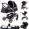 YAZOCO Passeggino 3 in 1 Carrozzina Multifunzionale Carrozzina Ovetto Pieghevole Set Passeggino Neonato Sedili Parapiedi Zanzariere Vista Dall'Alto (3 Oro nero)