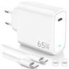 Kndaa Caricatore USB C 65W Alimentatore USB C con Tecnologia PD3.0 e GaN II Caricatore Rapido PPS con Intrecciato Cavo Tipo C 2M per iPhone 15 Pro/Max, per Galaxy S24/23/S22, per MacBook Pro/Air