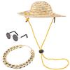 Atyhao Cappello da cane, cool pet dog cat costume da sole occhiali da sole e catena d'oro collare pet occhiali da sole moda retrò cappello di paglia collare collana gatto accessori(3 pezzi)