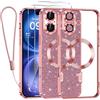 Kokio Glitter Magnetica Cover per iPhone 16 con Cordino, Compatibile con MagSafe, Brillantini Sottile Silicone TPU Antiurto Custodia per iPhone 16 con 2 Vetro Temperato Bumper, Rosa