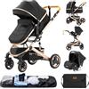 GLOKID Passeggino 3 in 1, Passeggino Canne, Trio,adattatori universali, carrozzina per bambini fino a 25 kg, 4 ruote con ammortizzatori, navicella, grandi ruote, pieghevole con（H530 Nero）