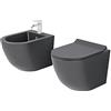 LANERI Set Coppia Sanitari Sospesi Senza Brida grigio Opaco Forma Arrotondata Coprivaso Soft-Close incluso