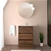 Inbagno Mobile bagno a terra 60 cm noce maya con lavabo e specchio tondo 60 cm, 3 cassetti con chiusura soft-close, GAYA