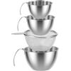 Sutowe Set di 4 ciotole per mescolare con colino a rete, in acciaio inox, con beccuccio e coperchio, salvaspazio, 250/400/700 ml, ciotole in metallo per cucinare la preparazione degli alimenti
