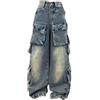 BILIKEYU Pantaloni cargo da bambina Streetwear in denim, a vita alta, lunghezza pavimento, con gamba larga e tasche da 5 a 16 Y, Zb2-blu, 12-13 Anni