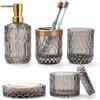 IVAILEX Set di 5 Accessori da Bagno in Vetro Grigio con Dispenser per Iozioni, Portasapone, Portaspazzolino, Bicchiere, Bastoncini di Cotone, Decorazione Moderna per il Bagno, Regalo Vintage