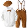 Geagodelia Completo Neonato 3 Pezzi Gentiluomo Tutina Camicia Manica Lunga+ Pantaloni con Bretelle + Cappello Abito Bambino Elegante Battesimo Cerimonia (Bianco, 18-24 Months)