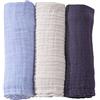 Kinousses Set di 3 mussole per neonato - Quadri di mussola di cotone - 70 x 70 cm - Multiuso: coperta, peluche, bavaglino, protezione solare - Certificato OKEO-TEX - Regali per bambini e bambine - Azzurro