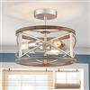 WUZUPS lampadario 3 luci vintage farmhouse industrial imitazione legno venatura semi-filo plafoniera apparecchio di illuminazione per foyer corridoio ripostiglio cucina bagno, nichel