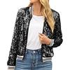 Generic Giacca con paillettes da donna, a maniche lunghe, con paillette, con paillettes, a maniche lunghe, alla moda, elegante, corta, blazer, carnevale, feste, Nero , XXXL