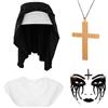 YUNHENTONG Accessori Suora Halloween, 4 Pezzi Accessori Costume da Suora, Copricapo da Suora, Collare, Ciondolo a Croce, Adesivo Viso con Strass, per Gioco di Ruolo della Suora Donna Halloween