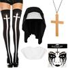YUNHENTONG Accessori Suora Halloween, 5 Pezzi Accessori Costume da Suora, Copricapo da Suora, Collare, Ciondolo a Croce, Calzettoni, Adesivo Viso con Strass, per Gioco di Ruolo della Suora Donna Halloween