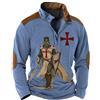 keephen Uomo Cavaliere Templare 3D Stampato Cerniera Felpa V-Scollo Manica Lunga Stand Collare T-Shirt Vintage Top stressati