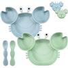 PandaEar Set di 2 piatti a suzione in silicone per bambini, piatti divisibili indistruttibili per bambini in età prescolare con 2 cucciai per l'auto-alimentazione - Granchio blu e verde