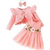 Odizli Vestito da battesimo per neonata, senza maniche, motivo floreale, in tulle + bolero a maniche lunghe + fascia per autunno, Colore: rosa., 3-6 mesi