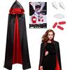 Winwild 3pcs Vampire costume bambini set, 120CM raso mantello con cappuccio e denti e sangue finto, rosso nero mantello Halloween mantello vampiro Dracula mantello Halloween costume ragazze vampiro