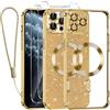 Kokio Glitter Magnetica Cover per iPhone 11 Pro Max con Cordino, Compatibile con MagSafe, Brillantini Sottile Silicone TPU Antiurto Custodia per iPhone 11 Pro Max con 2 Vetro Temperato Bumper, Oro