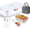 Electri-HQ Scaldavivande Elettrico Portatile con Borsa Frigo e Posate,Porta Pranzo da Ufficio e Auto,Lunch Box Portavivande Termico Elettronico Portatile in Acciaio Inox (bianco)