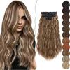 SEGO 60 cm Extension Capelli Clip 5 Fasce Estensioni Clip in Hair Ricci Ondulati Sintetici Posticci Mossi Donna Marrone cioccolato con biondi highlights