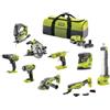 Ryobi - Confezione di 9 strumenti 18 V ONE+: Trapano, Avvitatore a urti, Smerigliatrice, Multi-Tools, Pistola a colla, Sega circolare, Sega alternativa, Lampa, Levigatrice + 2 Batterie e