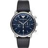 Emporio Armani Orologio Uomo, movimento cronografo, cassa in acciaio 43 mm con cinturino in pelle, AR11105, Nero e Blu Scuro, 43 mm