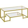 Soberine Tavolino da Caffè in Vetro Temperato e Ferro con Ripiano Inferiore 106 × 50× 45 cm Tavolino da Salotto per Lettura/Sala Attesa/Intrattenimento/Ospiti Oro