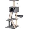 PawHut Albero Tiragraffi Accessoriato con Cuccia Lettino Sospeso e 2 Pedane in Peluche Grigio