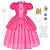 Aomig Pesca Princess Costume per Bambini, 5Pz Vestito da Principessa Pesca Abito Princess Rosa Fancy Dress in Pizzo, Pesca Cosplay Costume con Accessori per Halloween Carnevale Festa Compleanno(120)