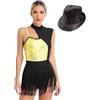 YiZYiF Abito da Ballo Latino a Due Pezzi per Donna Body Danza Ballerina Senza Maniche con Paillettes +Cappello Jazz Samba Rumb Outfits Oro XL