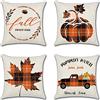 Sungeek Set di 4 Federe Autunno, Federe Cuscini per Divano in Camion Foglia D'acero Zucca Plaid, Federe Autunnali Thanksgiving Agriturismo Copricuscini Divano in Lino per Letto Divano (45x45cm)