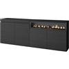 Skraut Home | Credenza, Mobile, Cucina | Madia, mobile ingresso | 200x75x35cm | 4 Porte | Camino elettrico | Stile moderno | Nero
