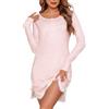 Uniexcosm Camicia da Notte Donna Cotone Manica Lunga A Righe Camicia Notte Donna Girocollo con Bottoni con Bordi in Pizzo Rosa XXL