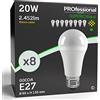 Eurocali 8x Lampadine LED E27 20W Opaca (2452 lumen equivalenti a 150W) - Forma: Goccia A80 - Luce Bianco Caldo 3000K - Fascio Luminoso 310°