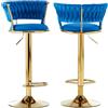 BAKAJI Set 2 Sgabelli da Cucina con Rivestimento in Velluto e Schienale Intrecciato e Altezza Regolabile, Sedie da Bar, Ristorante, Struttura Girevole in Oro con Poggiapiedi, Design Moderno (Blu)