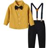 Acuryx Completini e Coordinati Gentiluomo Set per Bambino Ragazzo Battesimo Completo Camicia Stampata con Farfallino + Pantaloni con Bretelle