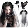 shallyong Cerchietto di Halloween Shallying Con Velo Nero, Guanti in Pizzo, Rosa Nera - per Giorno dei Morti, Cosplay Costume, Carnevale