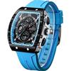 Forsining Orologio da polso analogico al quarzo da uomo, rettangolare, quadrante grande, cinturino in silicone, impermeabile, militare con calendario e data, blu, blu, striscia