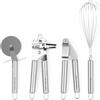 Russell Hobbs RH00124 - Set di articoli per cucina in acciaio inossidabile, argento, 4 pezzi,Comprende taglierina per pizza, frusta, pressa all'aglio e apribatti/lattine