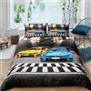 Loussiesd Set di biancheria da letto con copripiumino con auto da corsa, per bambini e ragazzi, motivo auto da corsa, colore giallo e blu, decorazione per la camera, 2 pezzi, per letto singolo, con cerniera