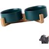 FIGARO CATS STORE - SET CIOTOLE CERAMICA E LEGNO PER GATTI: set di 2 ciotole in ceramica con stand in legno leggero, per cani o gatti (Verde)