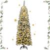 GYMAX Albero di Natale Slim 180 cm, Illuminato con 250 Luci Incorporate a LED, 500 Rami Innevati in PVC, Supporto Pieghevole in Ferro, Divisibile da Montaggio e Trasporto, per Interno/Esterno