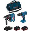 JG todotaladros BOSCH Kit 18V BK206BAG (Martello Perforatore GBH 18V-21 + Trapano a Percussione GSB 18V-21 + 2 Batterie di 4,0 Ah + Caricabatterie + Borsa)