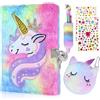 GROFIS Set di 4 Unicorno Diario Segreto Bambina, Diario in Peluche con Lucchetto, 160pag Reversibile Taccuino A5 a Righe, Quaderno con Unicorno Portamonete, Penna, Adesivi, Regalo per Ragazze Bambini
