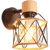 iDEGU Lampada da Parete Interno Vintage 15cm Applique da Parete in Legno Metallo Design Gabbia con Corda di Canapa Industriale Regolabile Plafoniera Nero Lampada a Muro per Cucina Camera da Letto