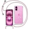 Tikgue Cover per iPhone 16 Plus, Custodia con Cordino Silicone Glitter Brillantini Trasparente Morbida Cover con Collana Sottile Protettiva Bumper Antiurto TPU Case - oro rosa