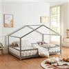 [en.casa] Letto per Cameretta a Forma di Casetta con Barriera di Protezione Letto Piazza e Mezza per Bambini Struttura in Legno di Pino 120 x 200 cm Grigio Chiaro/Bianco